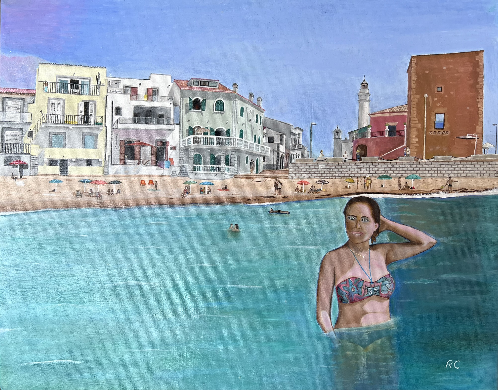 Roberto Cenciarelli, pittore specializzato in pittura ad olio su tela. Il bagno al mare di Punta Secca, scena marina luminosa e figurativa con riflessi d'acqua e luce estiva con lo sfondo della casa di Montalbano