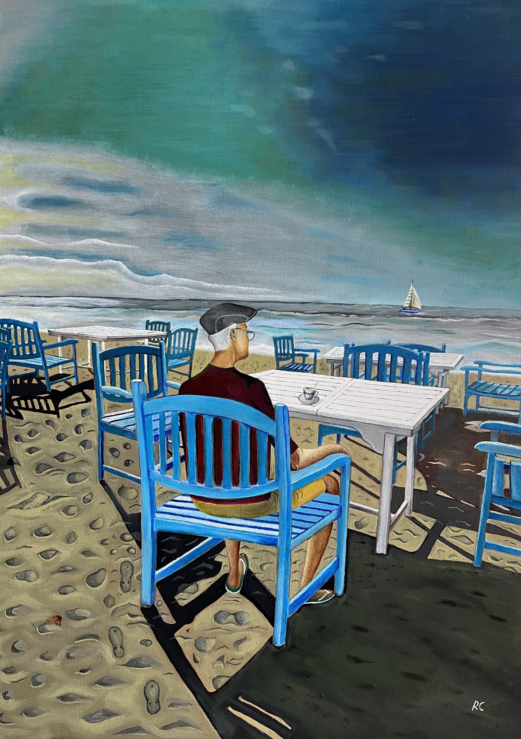 Roberto Cenciarelli, pittore specializzato in pittura ad olio su tela. Un momento di riflessione mentre del mio vissuto mentre degusto un caffè allo stabilimento di Ostia Il Capanno davanti la grandiosità del mare