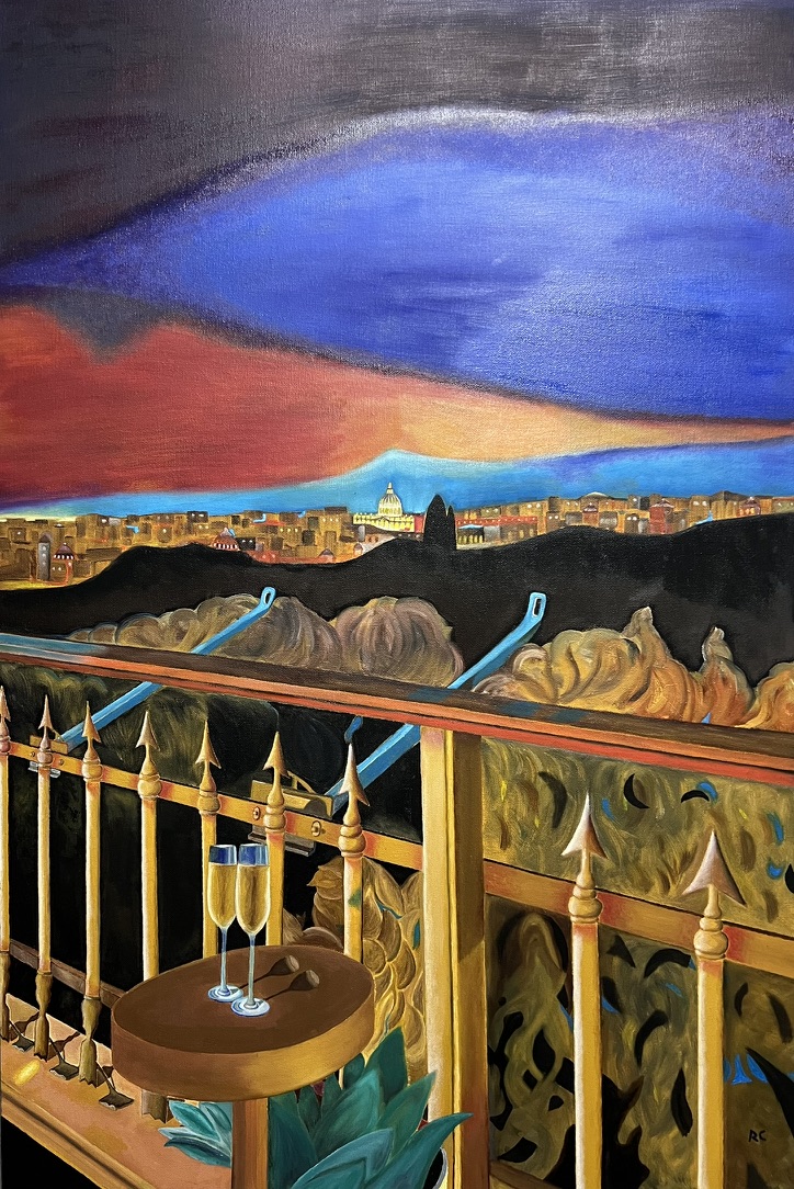 Roberto Cenciarelli pittore specializzato in pittura ad olio su tela. Un momento conviviale di, rappresentazione artistica del compleanno di mia moglie, colori caldi e dinamismo visivo