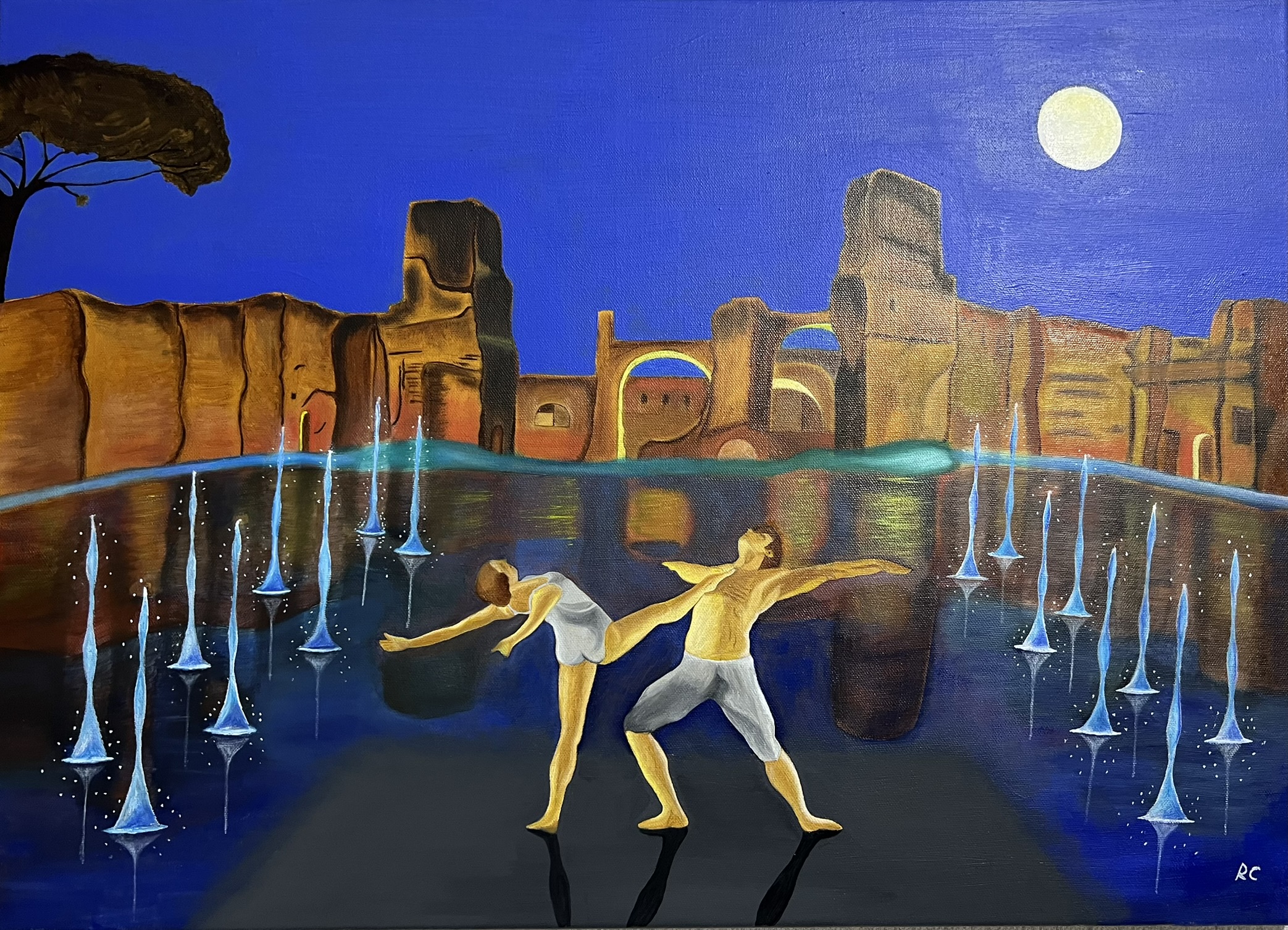 Roberto Cenciarelli, pittore specializzato in pittura ad olio su tela. Pittura figurativa che ritrae il dinamismo e l'eleganza del ballo attraverso il colore e il movimento con lo sfondo dei ruderi di Caracalla