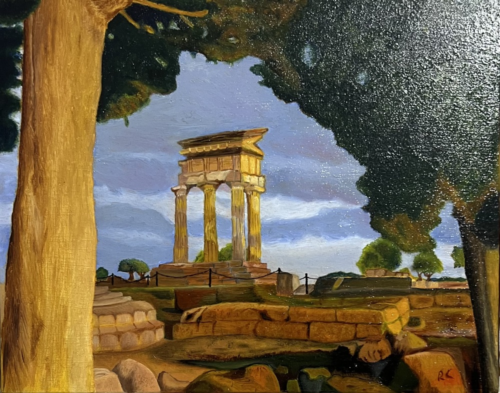 Roberto Cenciarelli, pittore specializzato in pittura ad olio su tela. Tempio dei Dioscuri presso la Valle dei Templi di Agrigento