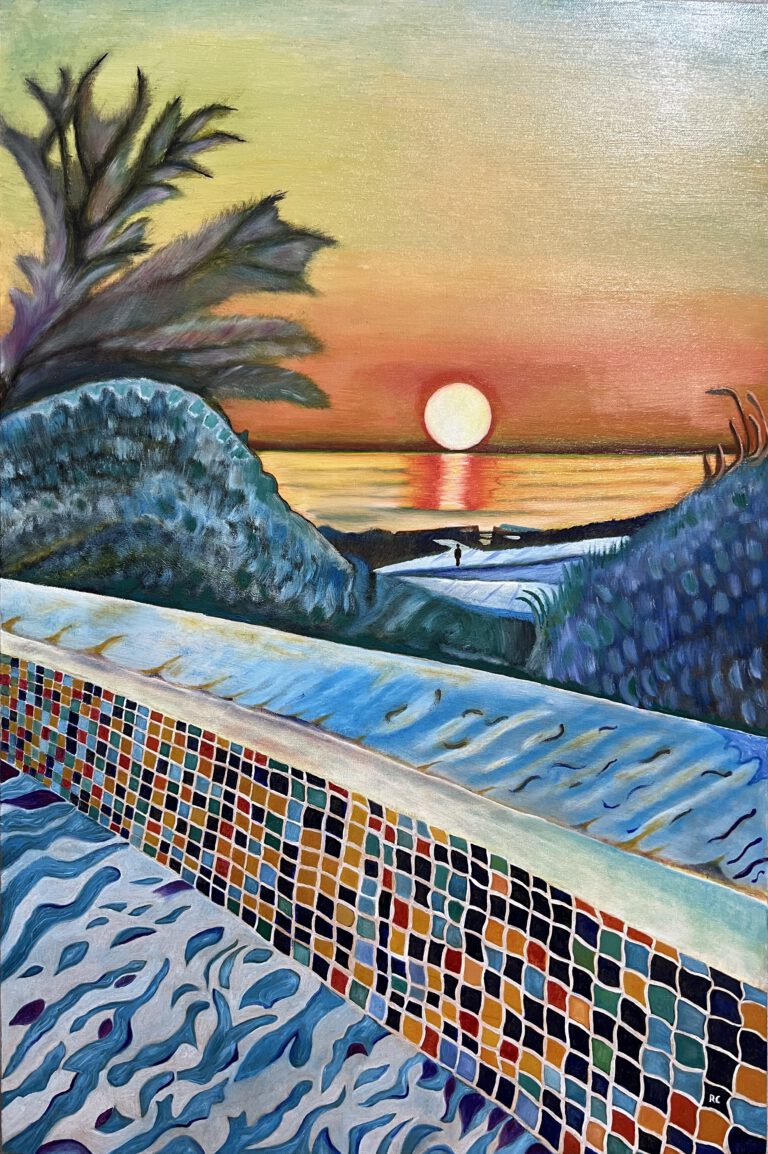 Roberto Cenciarelli, pittore specializzato in pittura ad olio su tela, questa opera è ispirata da una passeggiata sul lungo mare di Torvaianica, pittura contemporanea con pigmenti di lapislazzuli e sfumature azzurre di paesi lontani