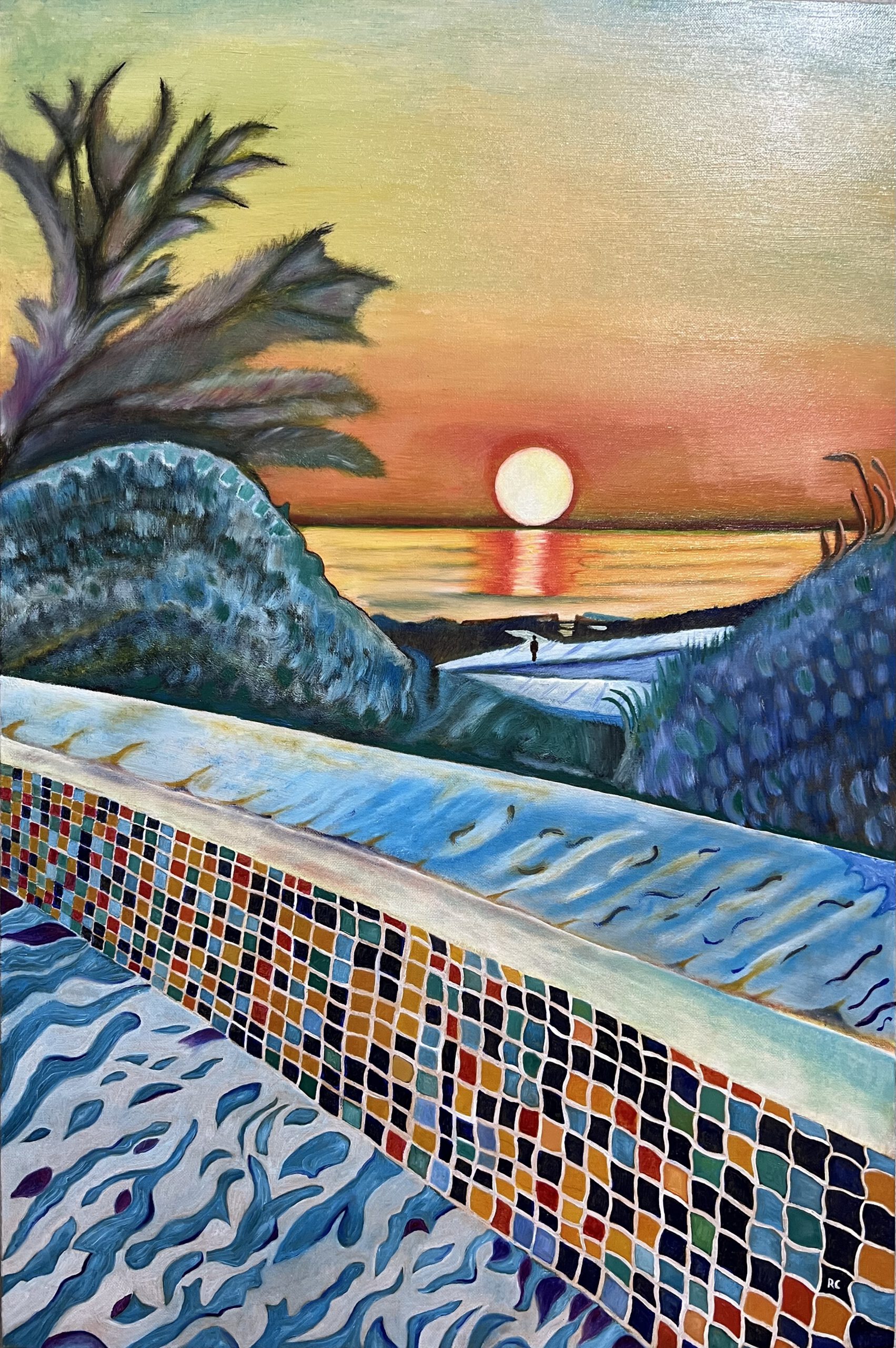 Roberto Cenciarelli, pittore specializzato in pittura ad olio su tela, questa opera è ispirata da una passeggiata sul lungo mare di Torvaianica, pittura contemporanea con pigmenti di lapislazzuli e sfumature azzurre di paesi lontani